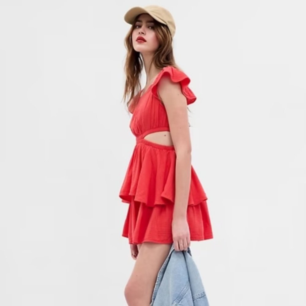NWT GAP Red Side Cutout Tiered Ruffle Hem Fit & Flare Mini Dress - Size XL